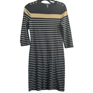 Lauren Ralph Lauren Black & White Stripe Knit Dress | Gold Accent | Size Small